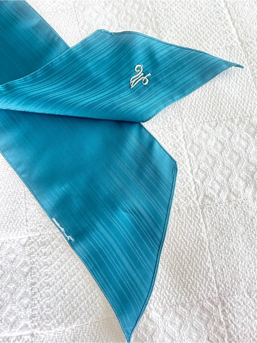 Vintage Teal Blue Green Scarf Monogram M 1970s Career Wear